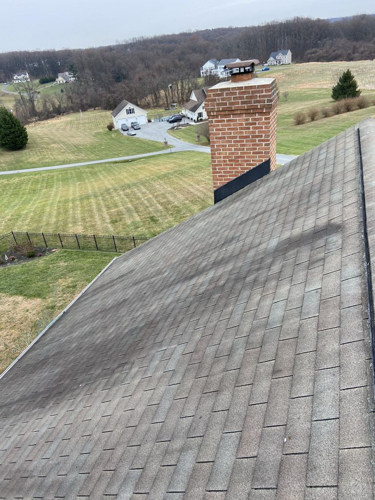 Residential roof with dark streaks visible.