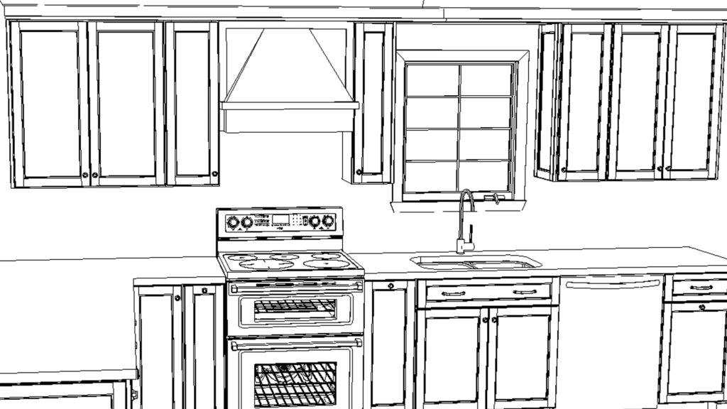 Kitchen remodel line drawing in black and white.