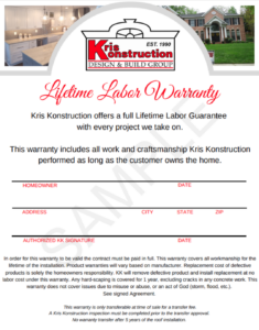 Sample copy of Kris Konstruction's Lifetime Labor Warranty. 